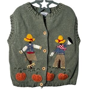 Vintage Hartstrings Knitted Vest Fall Scarecrows Pumpkins Green Kids 5/6